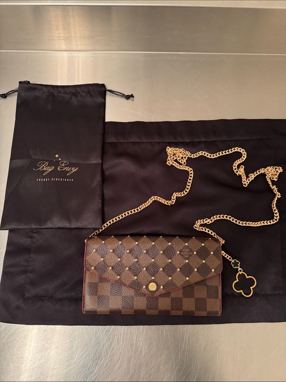 Louis Vuitton Brown Checkered Clutch with Gold Chain